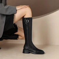 Women's New Autumn/Winter Genuine Leather Cowhide Mid Heel Large Metal Belt Buckle and Knee Zipper High Barrel Knight Boots - Image 2