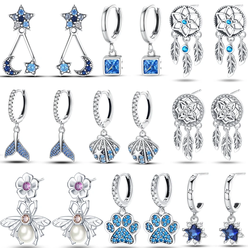 

100% 925 Silver Hoop Earrings For Women Luxury Sparkling Pave CZ U Shape Star Flower Dream Catching Net Fashion Earrings Jewelry