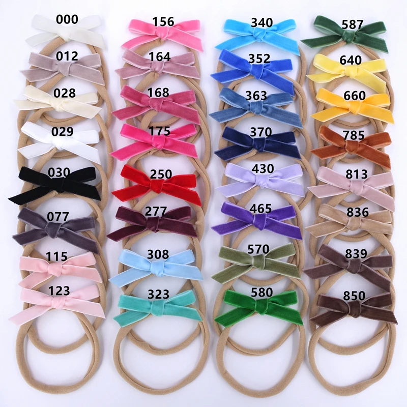 Wholesale Mini Velvet Ribbon Bow Nylon Headband Newborn Toddler Baby Velvet Bow Hair Bands Clips Accessories