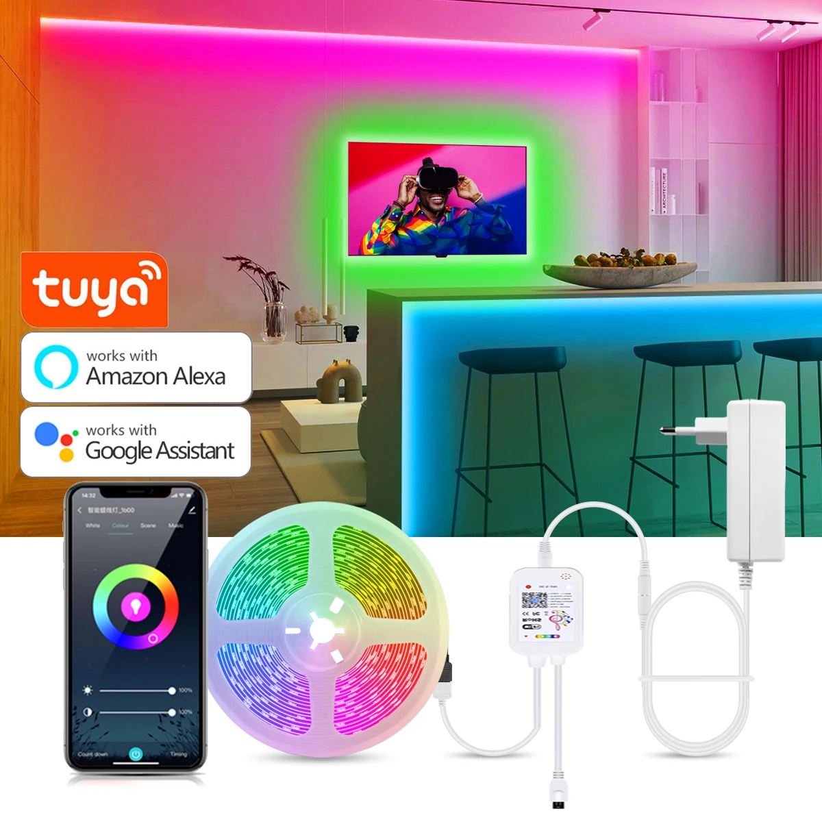 투야 스마트 홈 RGB LED 테이프, 와이파이 LED 스트립 조명, 다채로운..