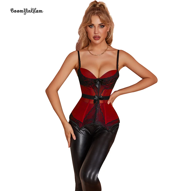 8 Fish Boned Spaghetti Strap Red Mesh Corset Bustier Top For Women Plus Size Underwear Corselet With Padded Bra