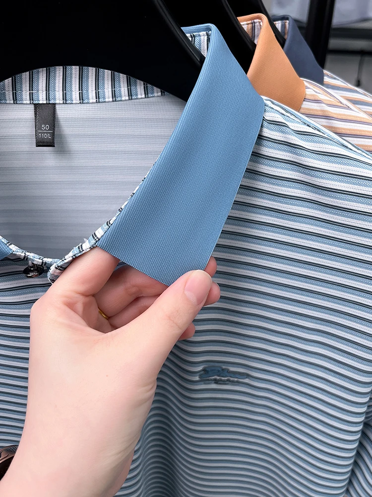 Fashion stripe color blocked men short sleeve polo shirt summer new trend brand embossed silky smooth breathable casual T-shirt 24 S0038080684c745b1ae13a3b83f3d8b21L