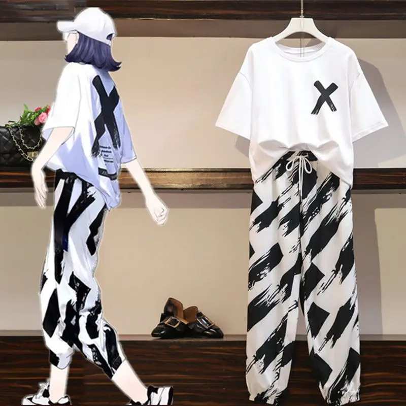 

Sports Casual Two-piece Suit Summer 2022 New Large Women's Fashion Short Sleeve Cropped Pants