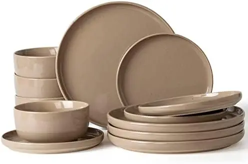 

and Bowls Set, 12 Pieces Dinnerware Sets, Dishes Set for 4, White Gold utensil Wood utensil set Plastic plates reusable Chopstic