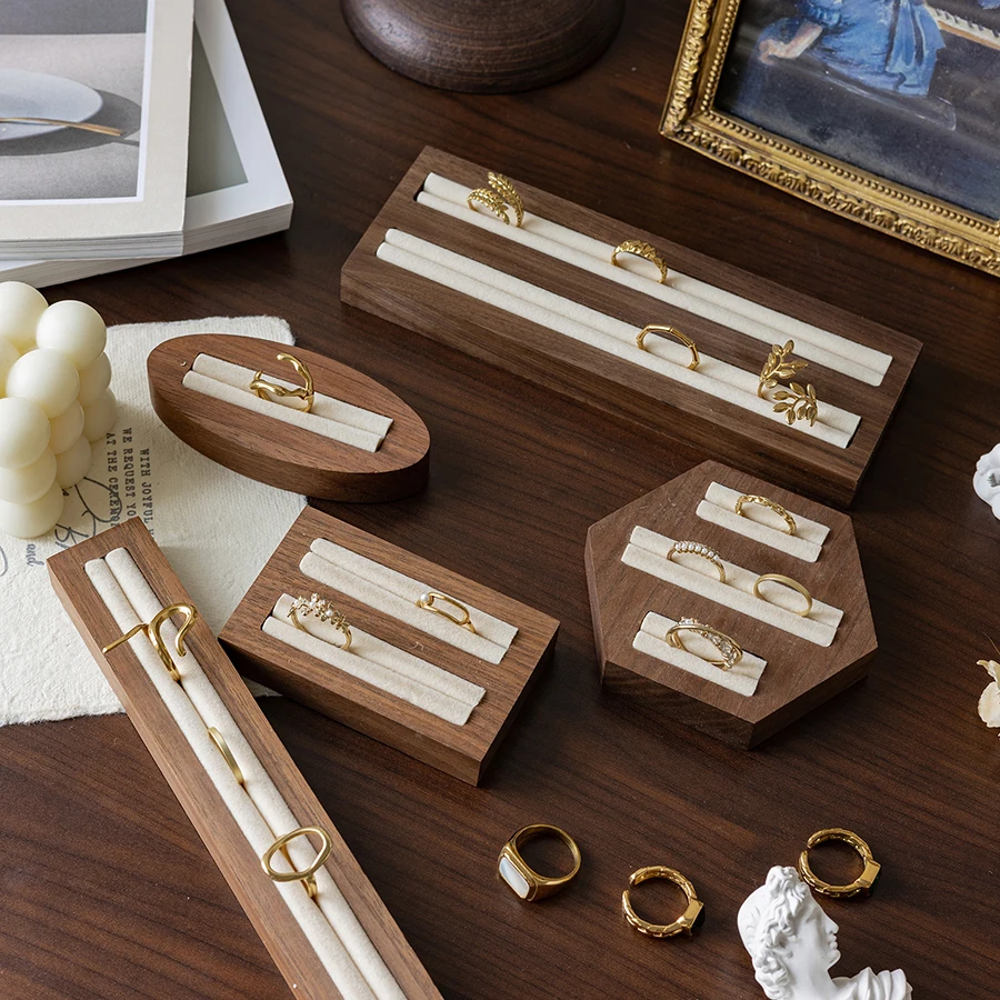 Walnut Ring Display Plate Jewelry Display Stand Black Beige Ring Holder Jewelry Bottom Storage Organizer Photography Props