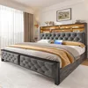 Queen Size Bed Frame with Storage Headboard and 4 Storage Drawers, Velvet Led Queen Size Bed Frame with Charging Station 1