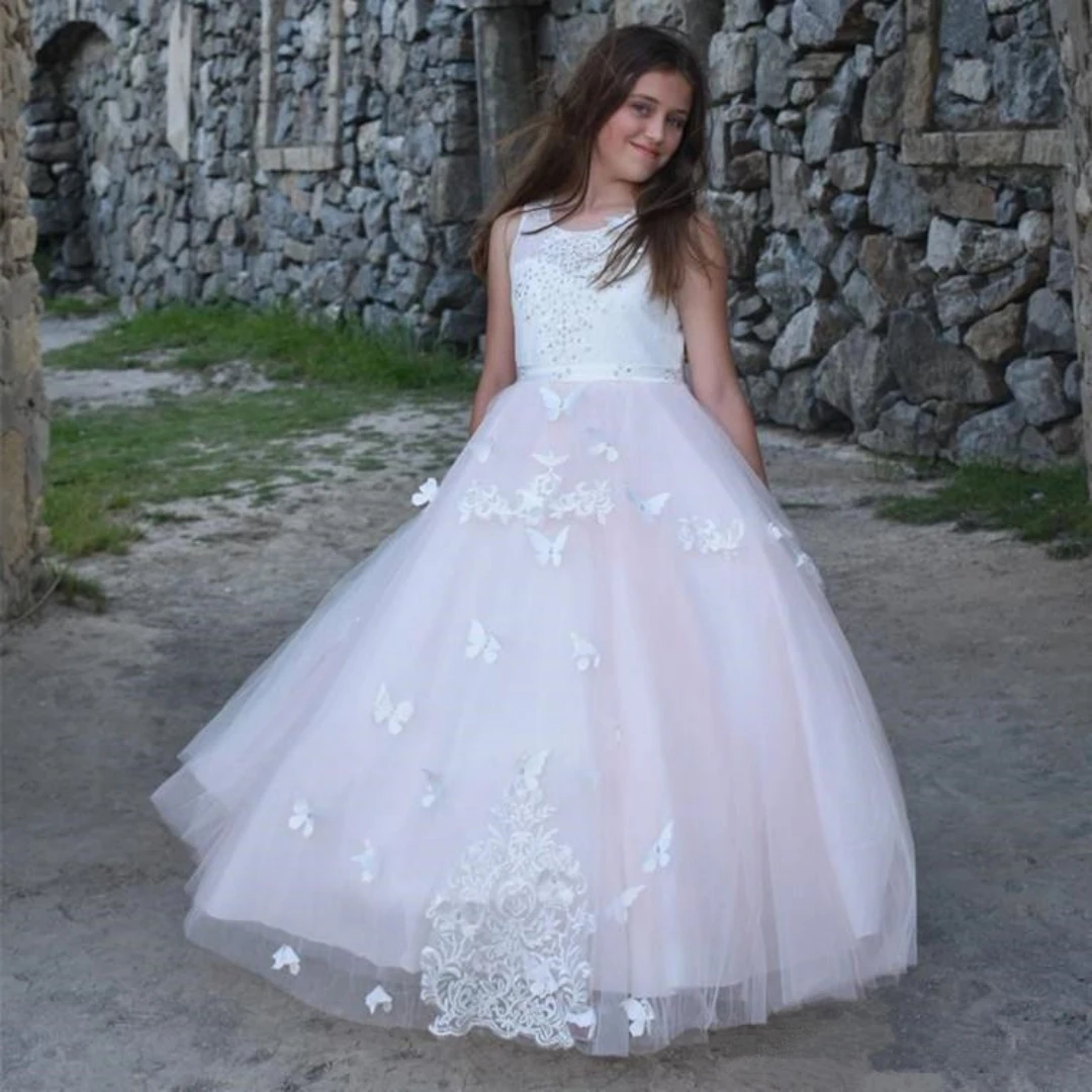 

Flower Girl Dress Tulle Transparent Lace Printing Layered Princess First Communion Dresses Wedding Dance Party Dream Kids Gift