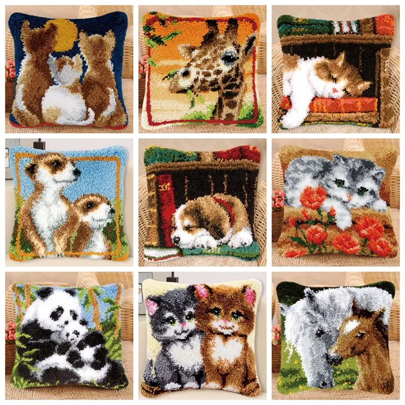 Lovely Animals Cat Latch Hook Cushion Kits Pillow Case Crochet & Crafts DIY Yarn for Embroidery Cushion Cover Sofa Bed Pillows
