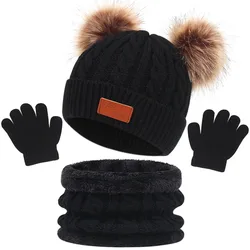 Cozy Knitted Baby Winter Set: Hat, Scarf, and Gloves with Fur Pom Pom (Black 2)
