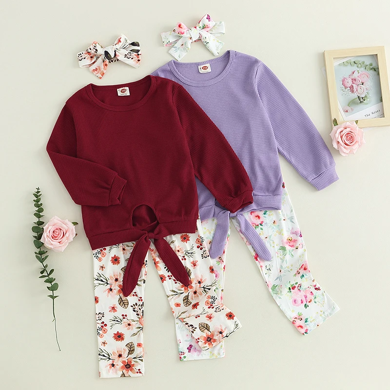 

Одежда для малышей, осенний наряд для девочек, топ с длинными рукавами и вырезами и повязка на голову с цветочными брюками, милый комплект детской одежды