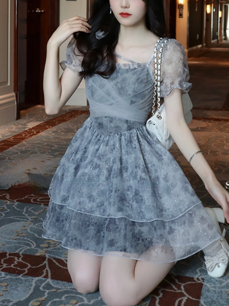 Pink Kawaii Lolita Dress Women Mini PuffSleeve Beach Casual
