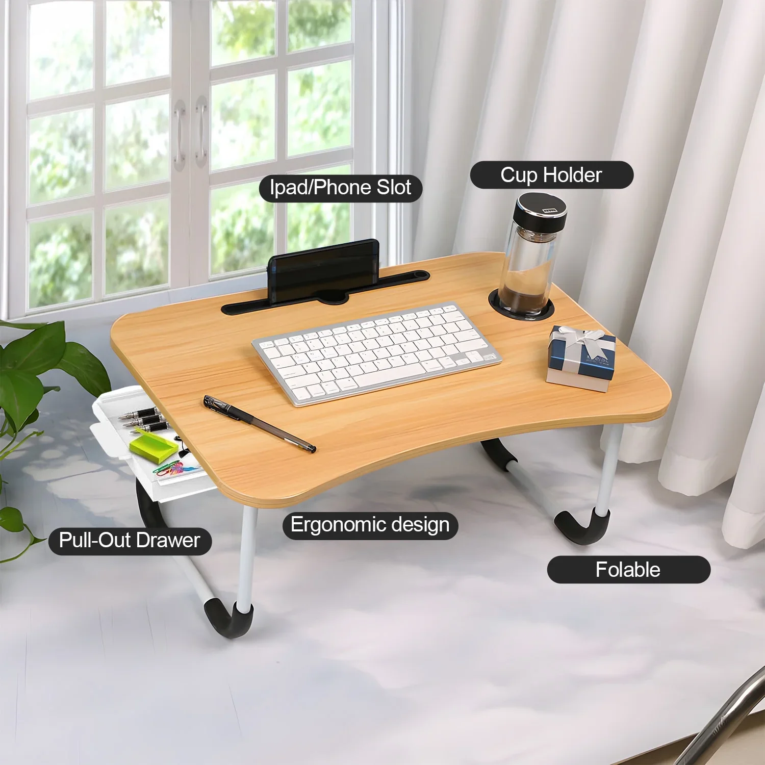 Foldable Lap Desk, 23.6 Inch Portable Wood Laptop Desk for Bed Sofa Reading Writing Eating Watching, Walnut 3