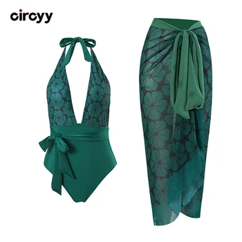 Circyy Swimming Suit for Women Low Cut Neck-mounted Bodysuit Print Lace Up Chiffon Long Skirts Vintage Green Female Bathing Suit