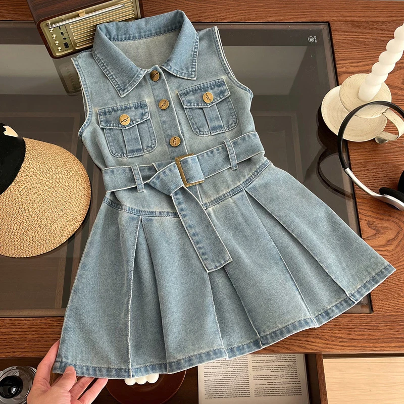 Vintage Kids Denim Dress Lapel Collar Sleeveless A-Line Pleated Dresses 2-10Y Girls Summer Jean Vestidos Children Vest Frocks