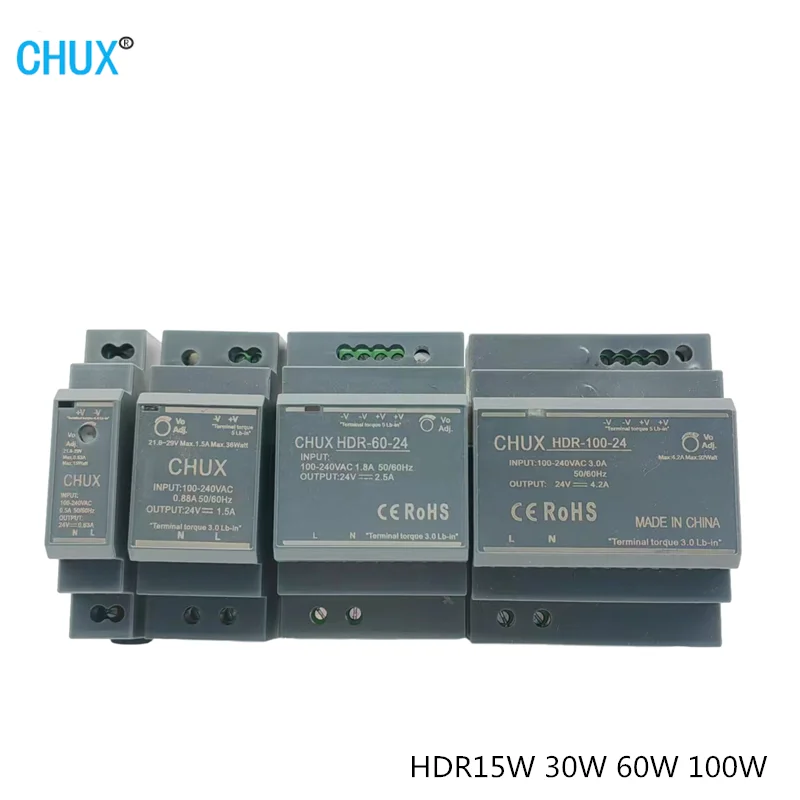 Chux Ultra Slim Switching Power Supply Hdr Din Rail Series dc 5v 12v 15v 24v 36v Step Shape Smps Psu 15w 30w 60w 100w