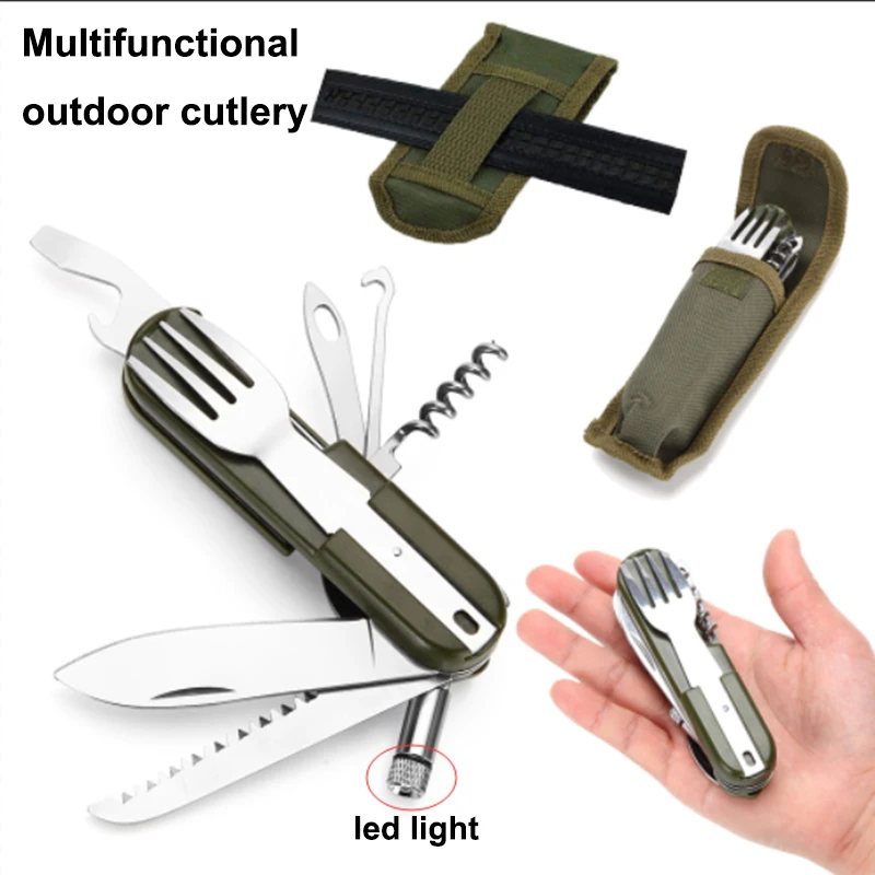 

2024 Outdoor Portable Army Green Folding Camping Cutlery Knife Fork Spoon Bottle Opener Tableware Stainless Steel Pocket Cutlery