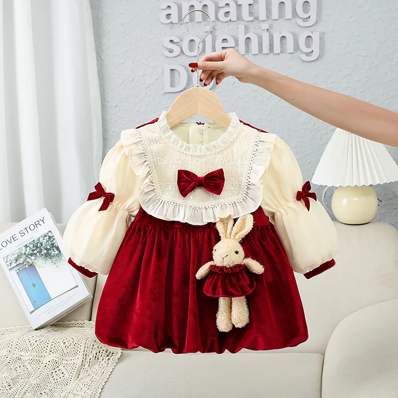 

children's clothing 2023 winter new girls' dress Red velvet children's birthday dress plus velvet skirt