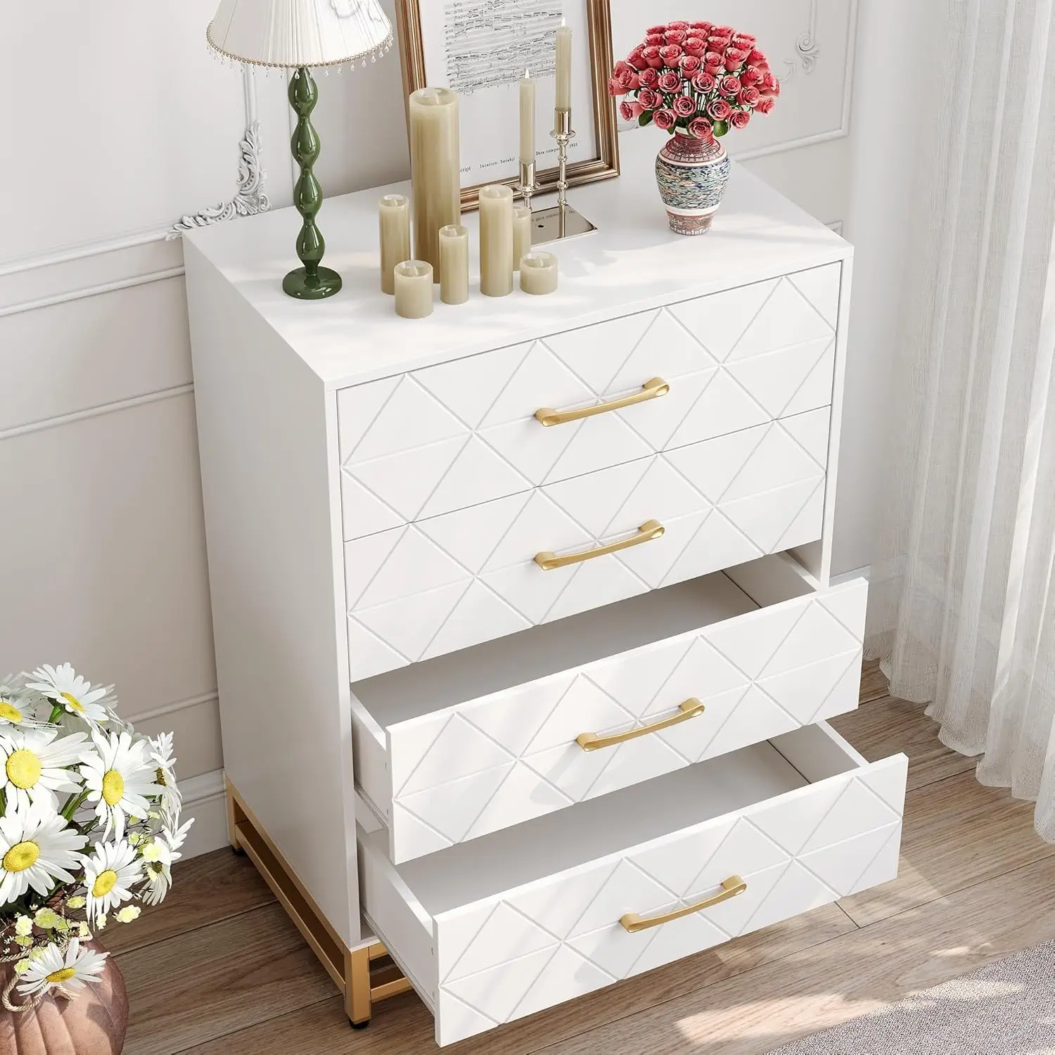 4 Drawers Dresser Chests for Bedroom Wood Chest of Drawers Dresser Drawer Organizer for Living Room Hallway and Entryway