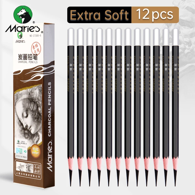 12pcs Marie's Charcoal Pencils,Extra Soft/Soft/Medium Art Graphite Pencils Set for Drawing,Sketching,Shading,forArtists,Adults 2