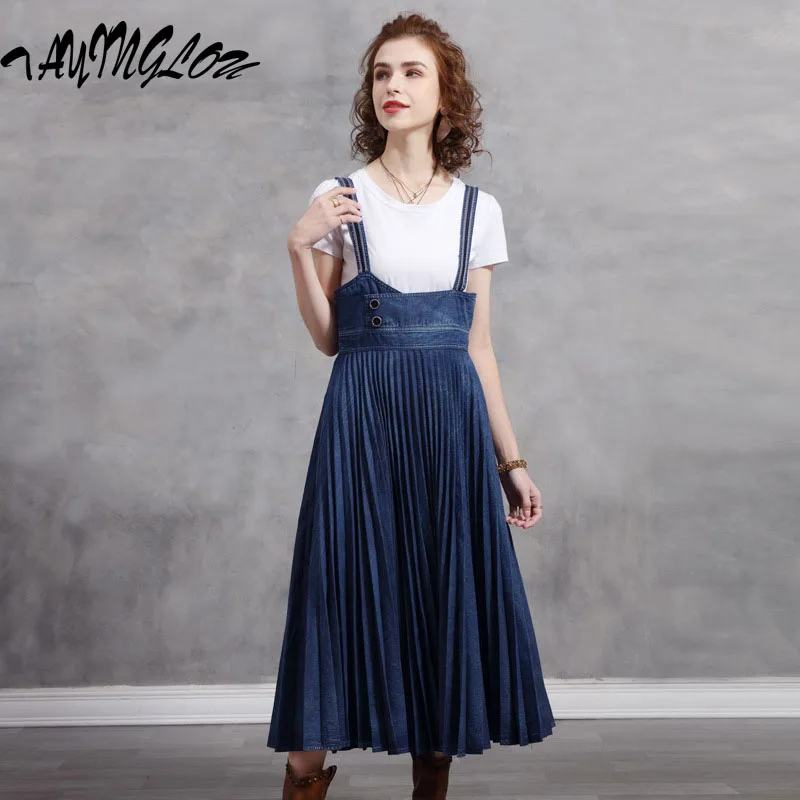 

Women Clothing 2023 Summer Halter Cowboy Dress Spaghetti Strap Sexy Female Vestidos Retro Vestido Pleated Large Swing Dresses