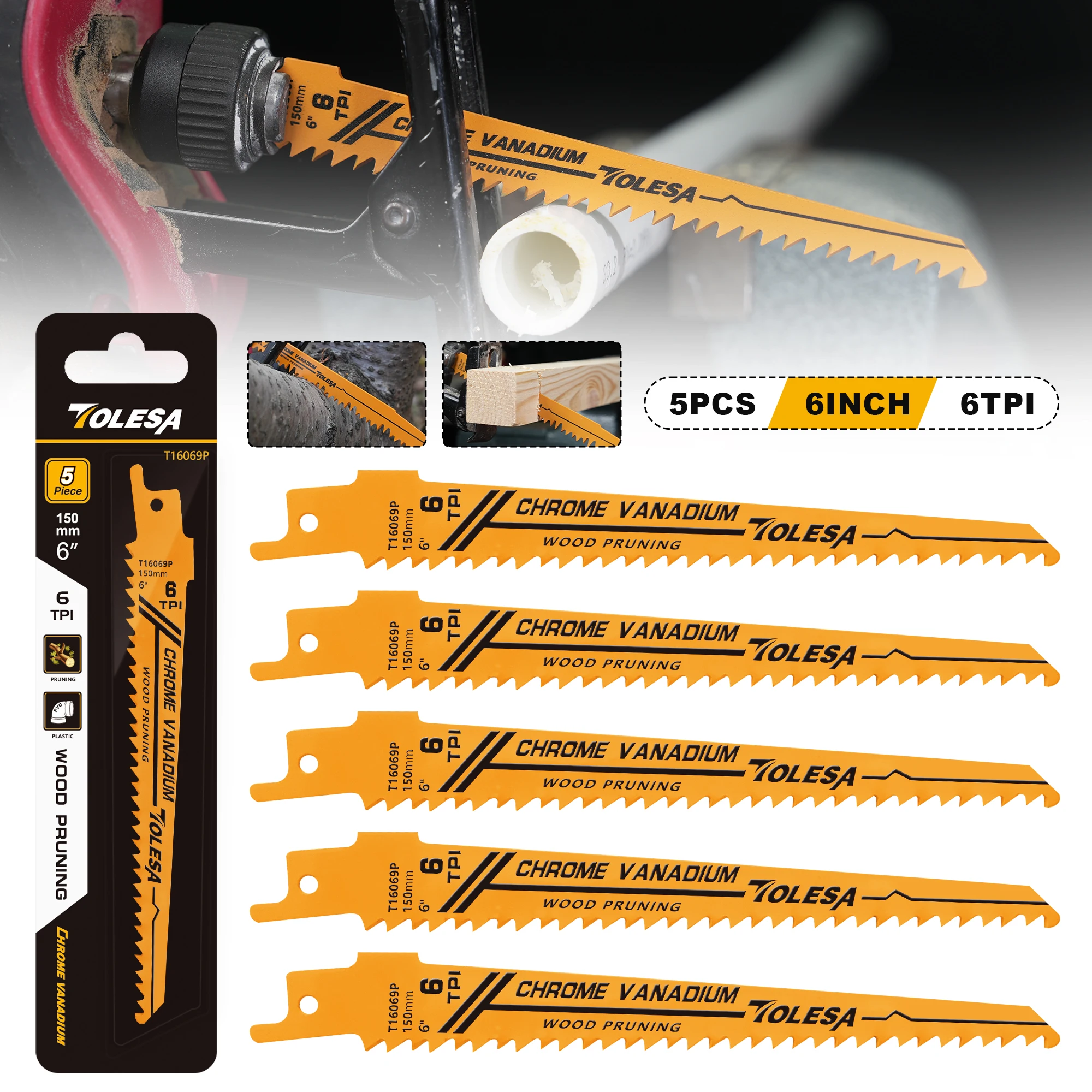 TOLESA 5PCS 5/6TPI Holz Beschneiden Säbelsägeblätter für Holz und PVC Rohr Schneiden CRV Sharp Ground Zähne Säbelsägeblätter