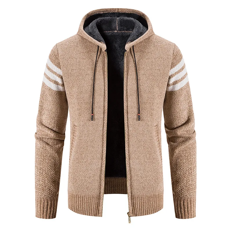 

2023 Men's Autumn and Winter New Fleece-Lined Thickened Hooded Cardigan Sweater Casual Youth Striped Fashion Sweater