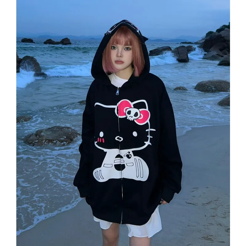 Women's Hooded Sweatshirt Hello Kitty Sanrio Kawaii Ins Spring Thin Thin  Hoodie Jacket Cartoon Printing Skinny Hoodie Jacket