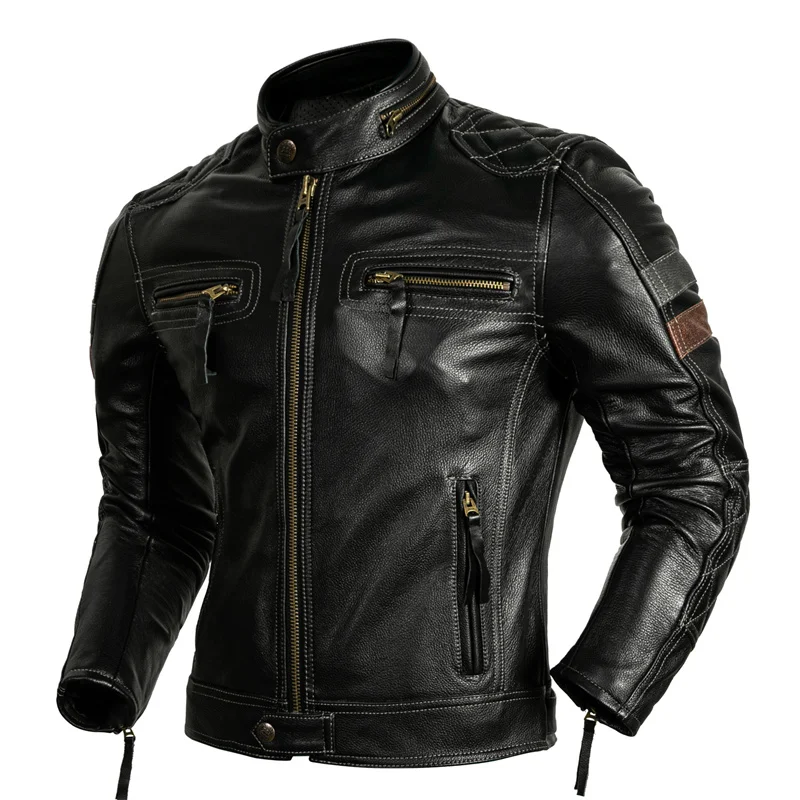 Mens Motorcycle Jacket Genuine Leather Men Motor Biker Coat 2XL-5XL Protective Rider Clothing Natural Cow Leather Jacket