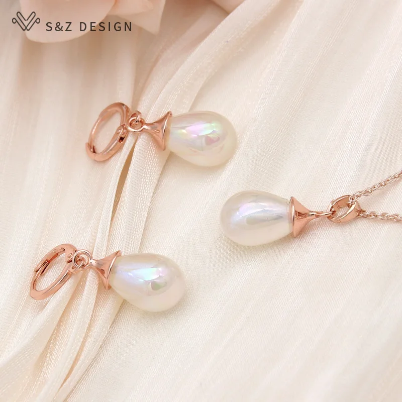 S&Z DESIGN New Fashion Colorful Water Drop Simulated-pearl Dangle Earrings Jewelry Sets For Women Wedding Pendant Necklace Gift