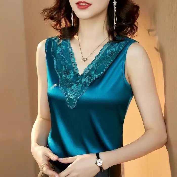 S0039810a76ca4f5e9c81f37b953a11585 Korean Silk Women Blouses Shirt Woman Satin Blouse Tops Women Satin Lace Embroidery Blouse Top Woman V-neck Printing Shirts Tops Mallzona