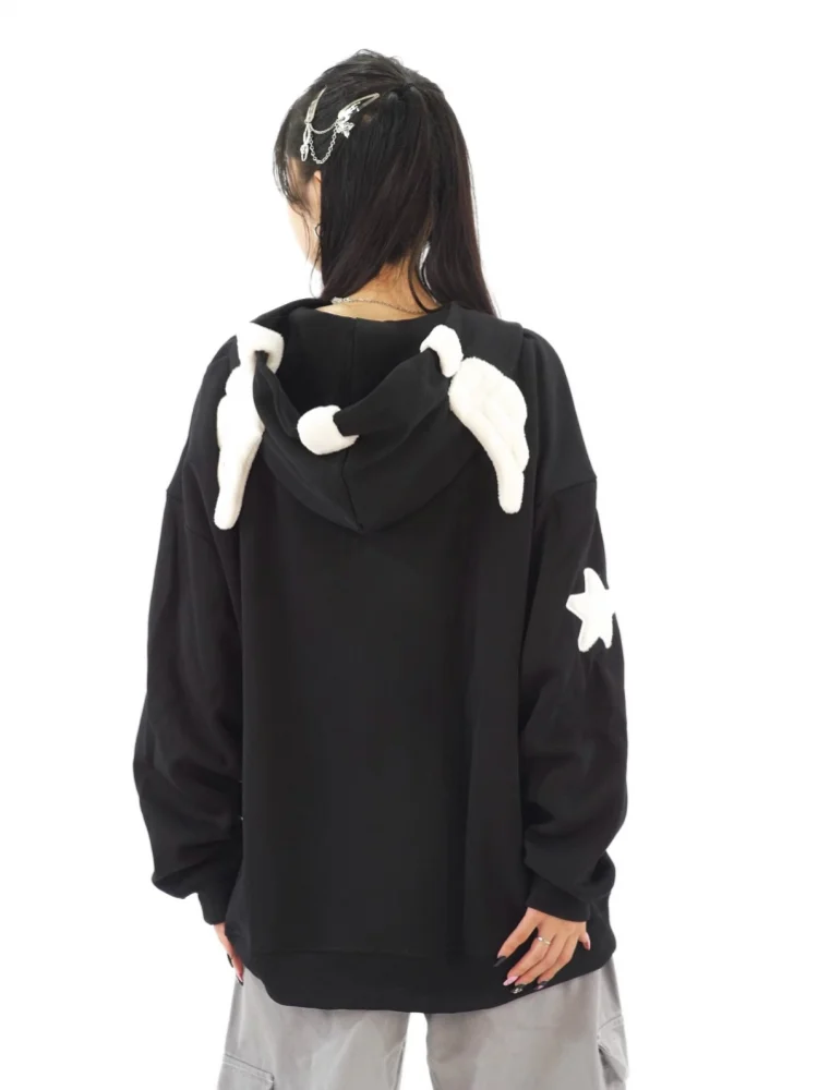 Japanese Kawaii Wing Hooded Loose Sweatshirt Women Autumn