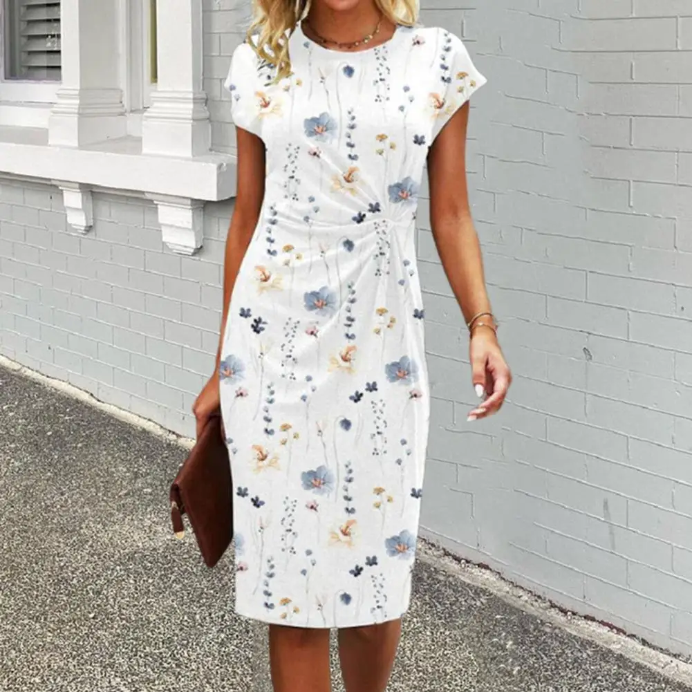 

Elegant Summer Midi Dress Round Neck Pleated Lady Dress Prom Party Women Dress