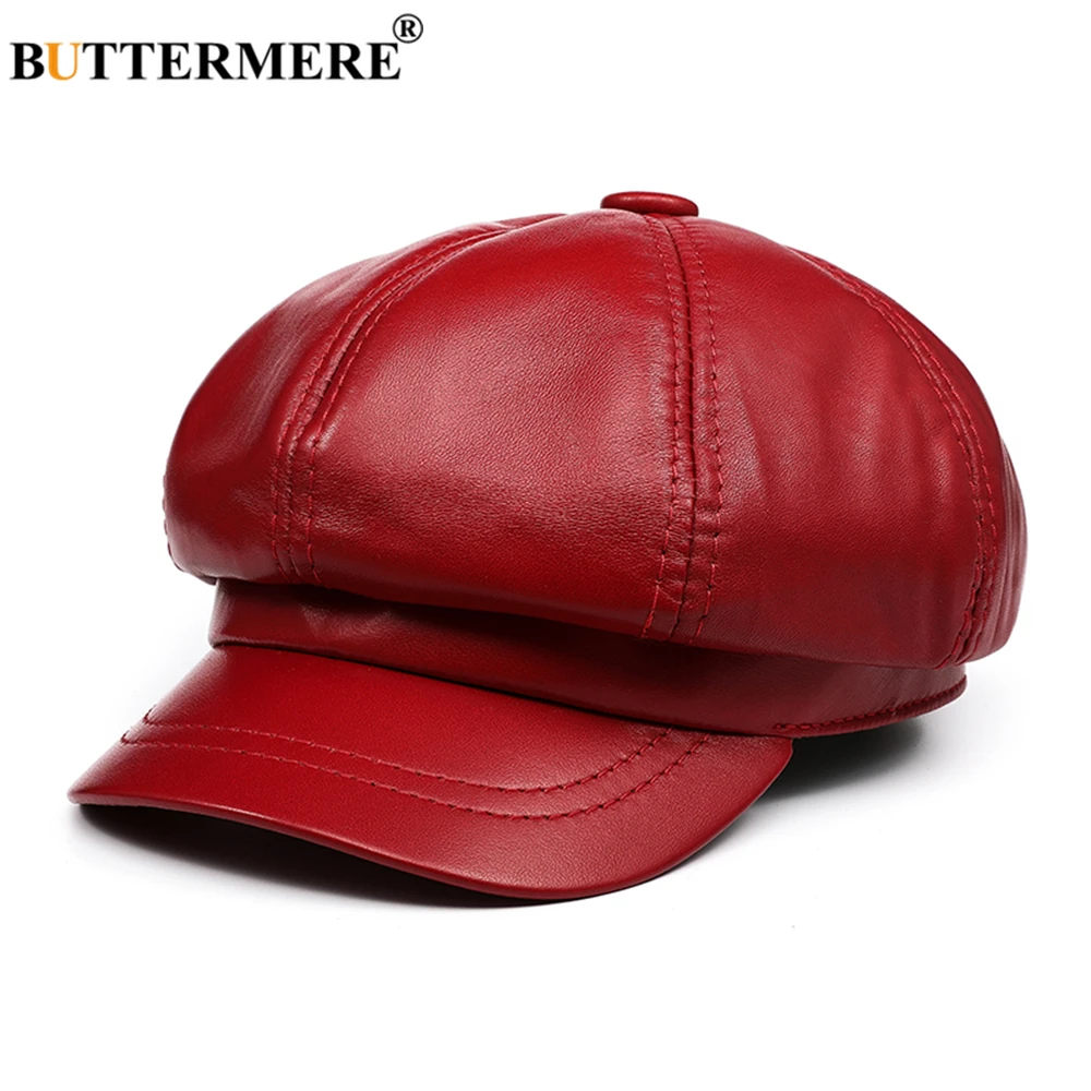 BUTTERMERE Genuine Leather Vintage Hat Women Newsboy Cap Pink Baker Boy Cap High Quality Brand Ladies Winter Octagonal