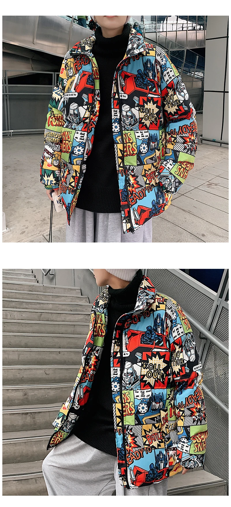 Hip Hop Graffiti Cartoon Print Parkas Coats Men Streetwear