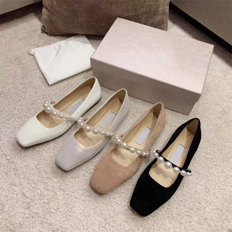 2024 Spring and Autumn New One line Leather Flat Bottom Mary Jane Shallow Mouth Pearl Square Head Single Shoes for Women