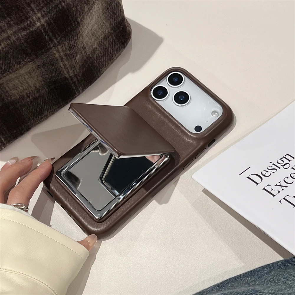 Brown Leather Folding Bracket Makeup Mirror Phone Case - Elegant Gift