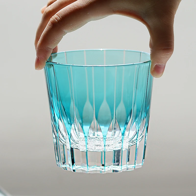 New Sky Blue Handmade Edo Kiriko Whiskey Old Fashioned Glass Tumbler 320 ml With Gift Box