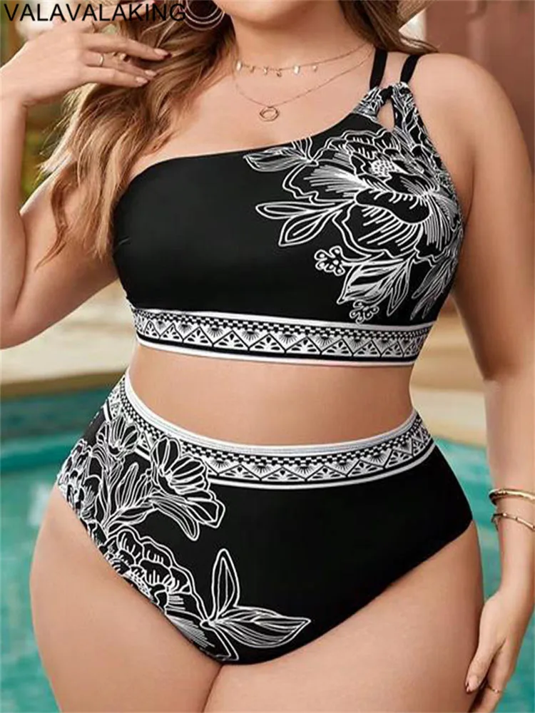 2025 Print One-shoulder Two Piece Plus Size Bikini Women High Waist Large Swimsuit Lady Chubby Swimwear Beach Curvy Bathing Suit 1