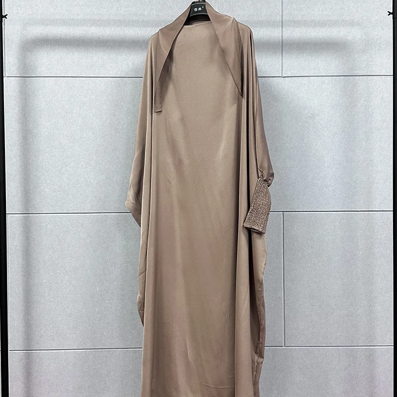 2023 Spring Summer Muslim Women Polyester Solid Color Long Abaya  Dubai Abaya Muslim Dress Women Abayas for Women with Headscarf