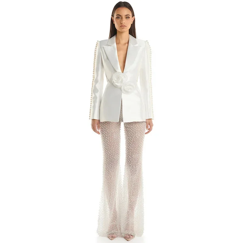 Conjunto de traje de perlas blancas para mujer, Blazer ahuecado Sexy, pantalones femeninos, ropa de trabajo de negocios para mujer, abrigo de boda, vestido de graduación, Primavera