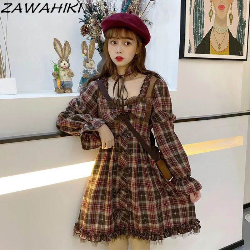 

ZAWAHIKI Cute Japanese Vintage Preppy Square Collar Women Dress Long Flare Sleeve 2023 New Arrive Bow A-line Vestidos De Mujer
