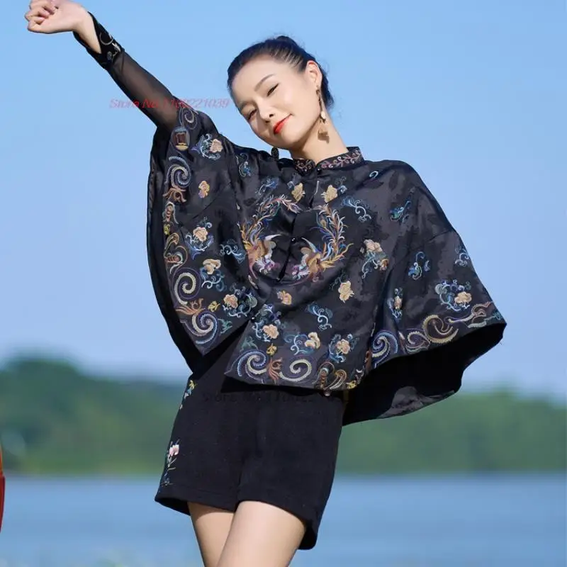 

2024 women vintage shawl cloak coat cape national flower embroidery cheongsam cape satin coat oriental ancient ethnic overcoat