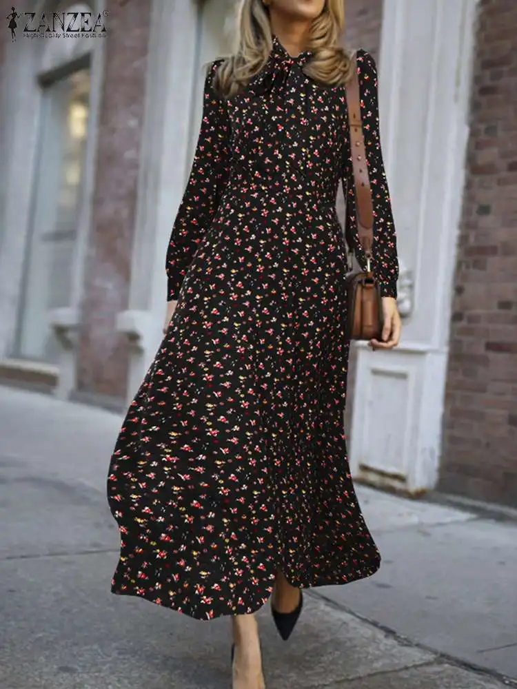 

ZANZEA Women Spring Fall Loose Dresses 2023 Ladies Korean Fashion Floral Print Long Sleeve Robe Elegant Holiday Casual Vestidos