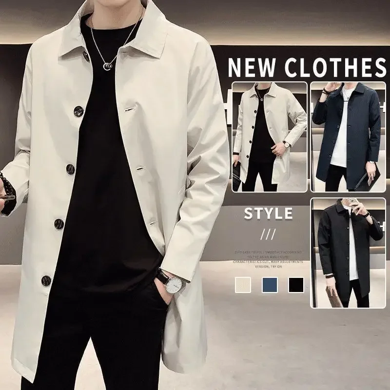 Men's Medium-length Casual Trench Jacket Overcoat Korean British Style Spring Autumn Thin Regular Trench Coat,Casual Men Jacket