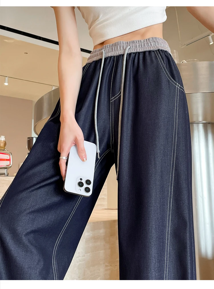 Description Picture 2 of item2025 New Spring Summer Vintage Patchwork Women's Wide Leg Full Pants High Waist Lace-up Female Elegant Straight Loose Trousers