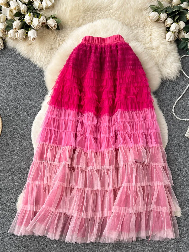 

Summer Women Irregular Mesh Midi Skirt Female Elegant Ruffle High Waist Gradient Yellow/Purple/Red Fladas Casual Saia New M476