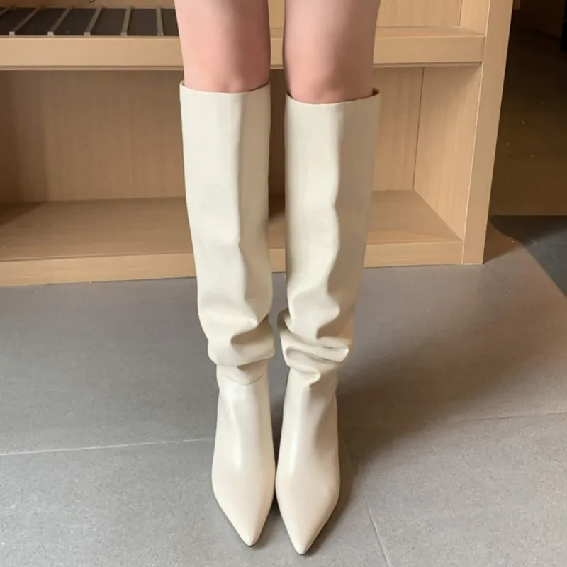 

2024 Genuine Leather Pointed Toe High Heels Slip On Winter Shoes Nightclub Party Pleated Solid Knee High Boots L85