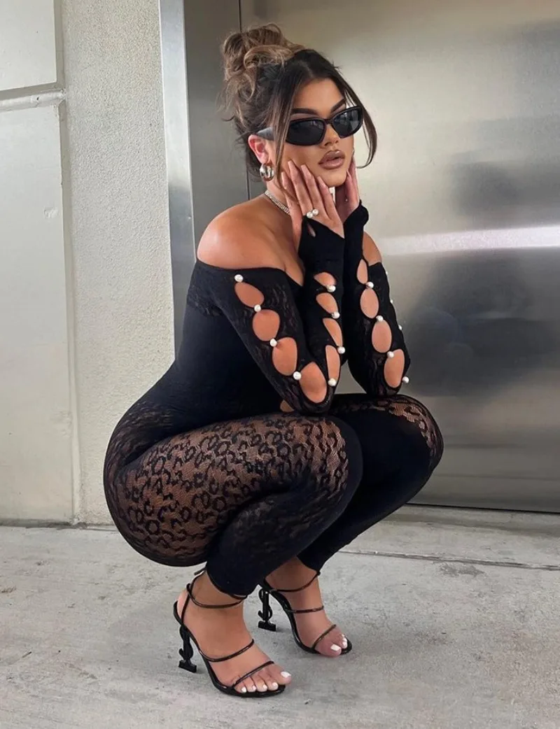 Women Romper Jumpsuit Hollow Out Mesh Playsuit Bodysuit Nightclub Party