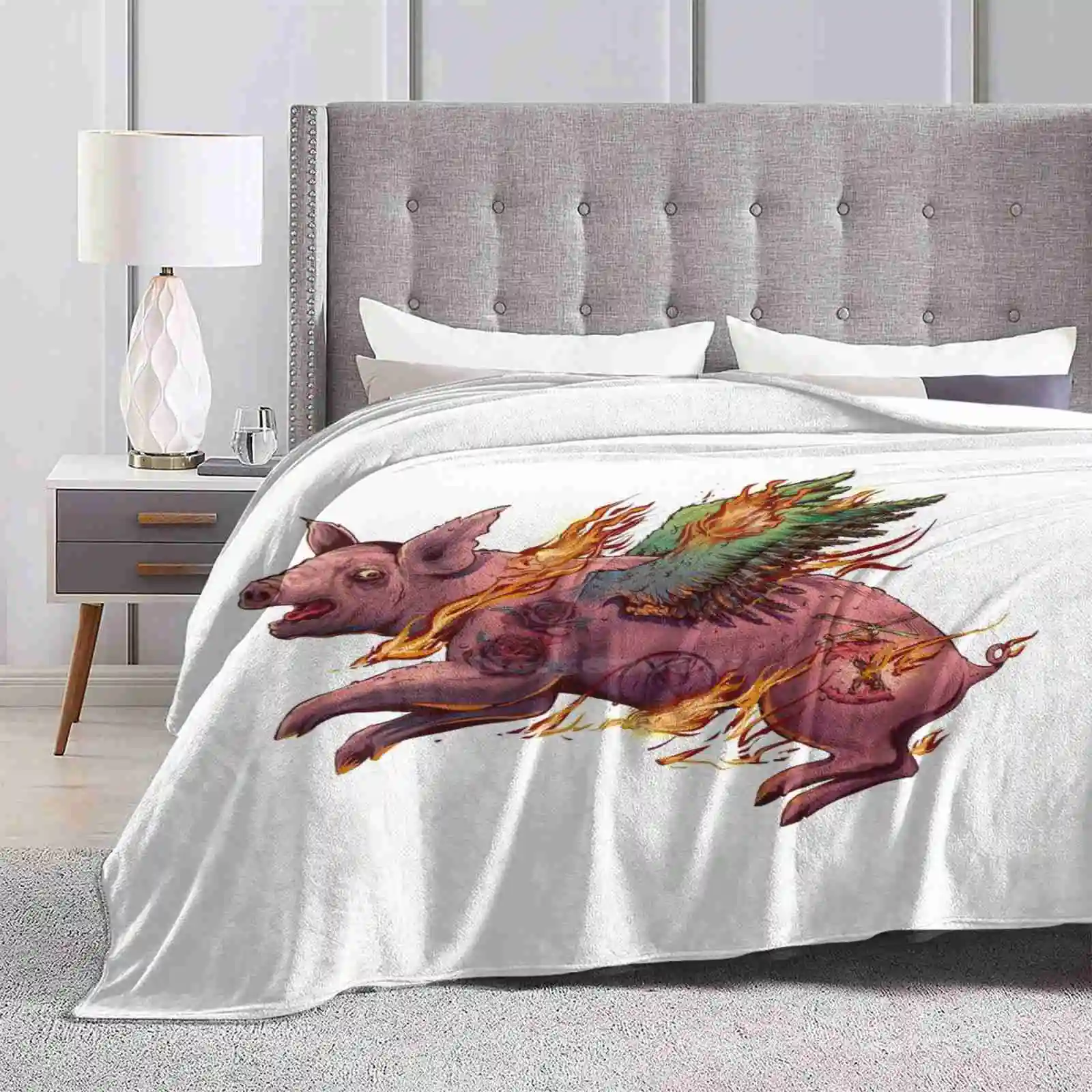 Porky Panic Vendita Calda Stampa Alta Qualità Calda Coperta Di Flanella Porky Panic Fly Maiale Fuoco Carne Latteria Ali Pancetta Brucia Fiamma