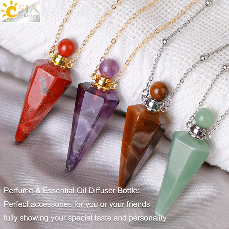 Natural Stone Cone Perfume Bottle Necklace with Healing Clear Quartz Crystal Pendant and Essential Oil Diffuser